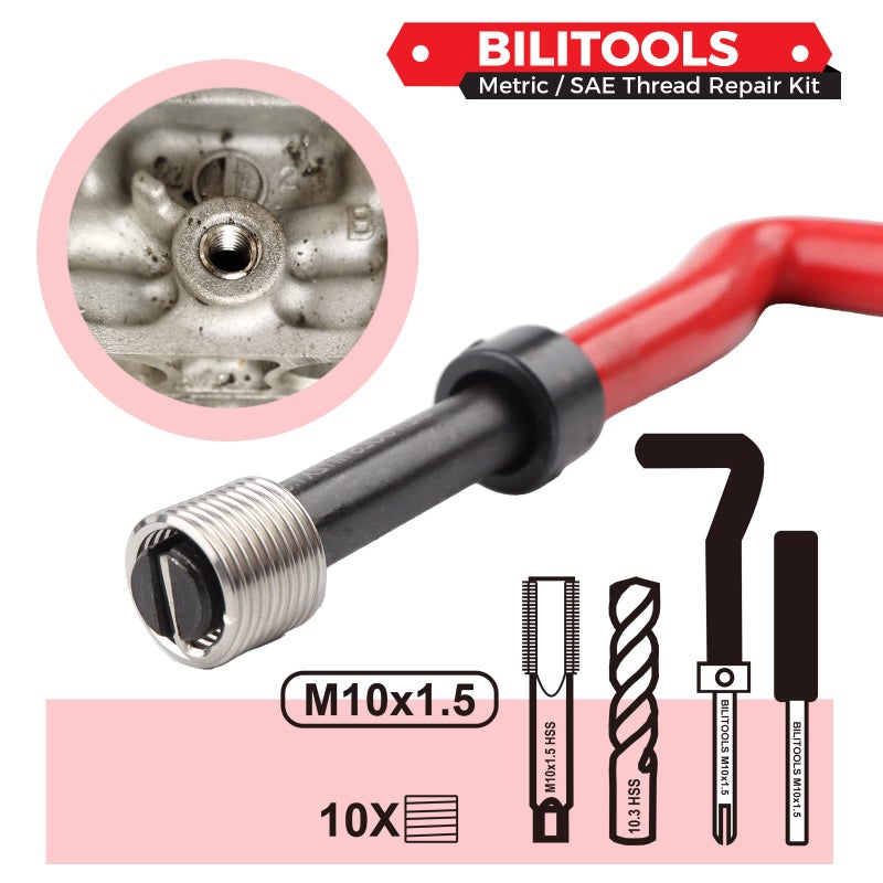 BILITOOLS طقم إصلاح الخيوط M10x1.5 من BILITOOLS، طقم إصلاح مثقاب هيليكويل HSS متري - Image 3